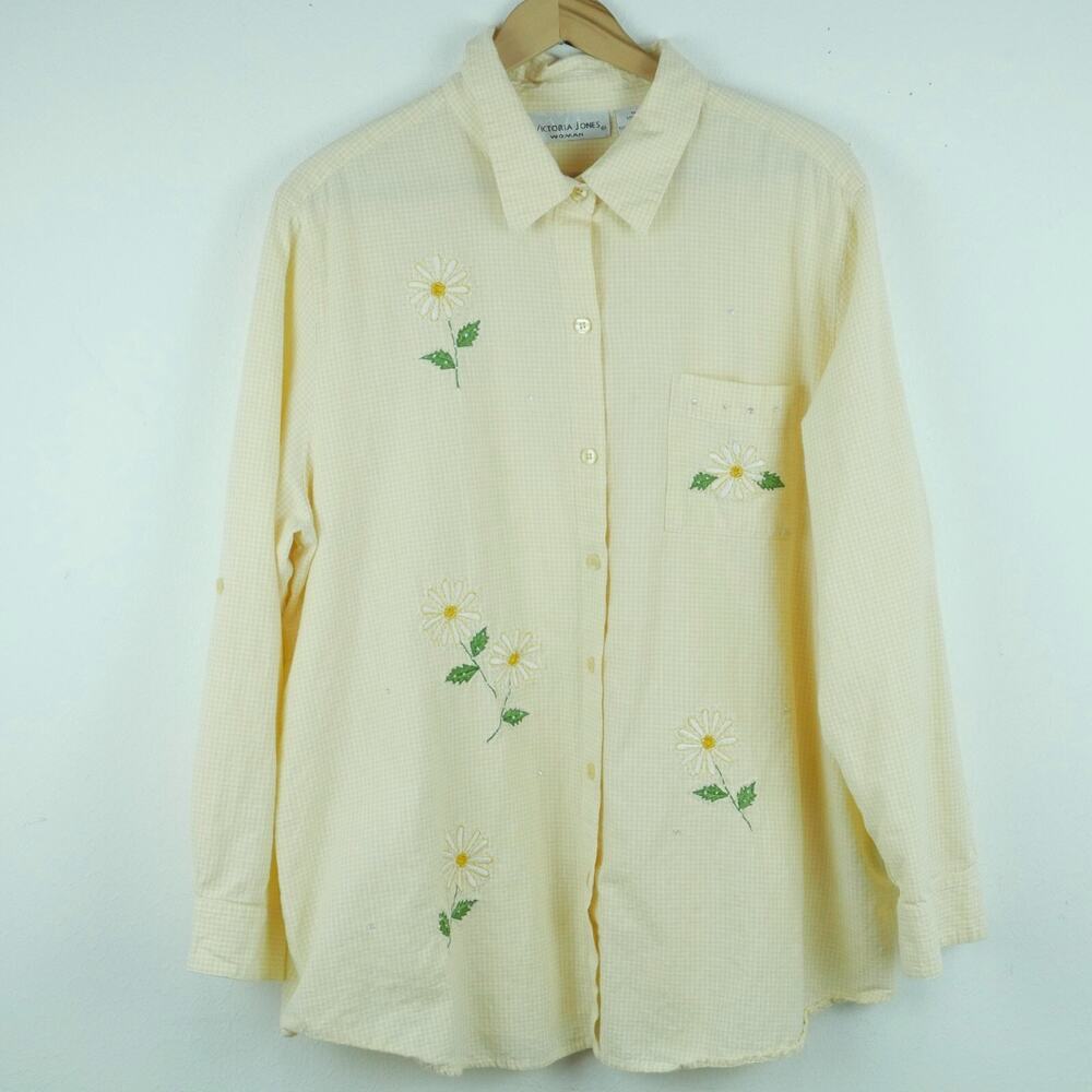 Vintage 1X Top Butter Yellow Gingham Embroidered Floral Cottagecore 90s Preppy